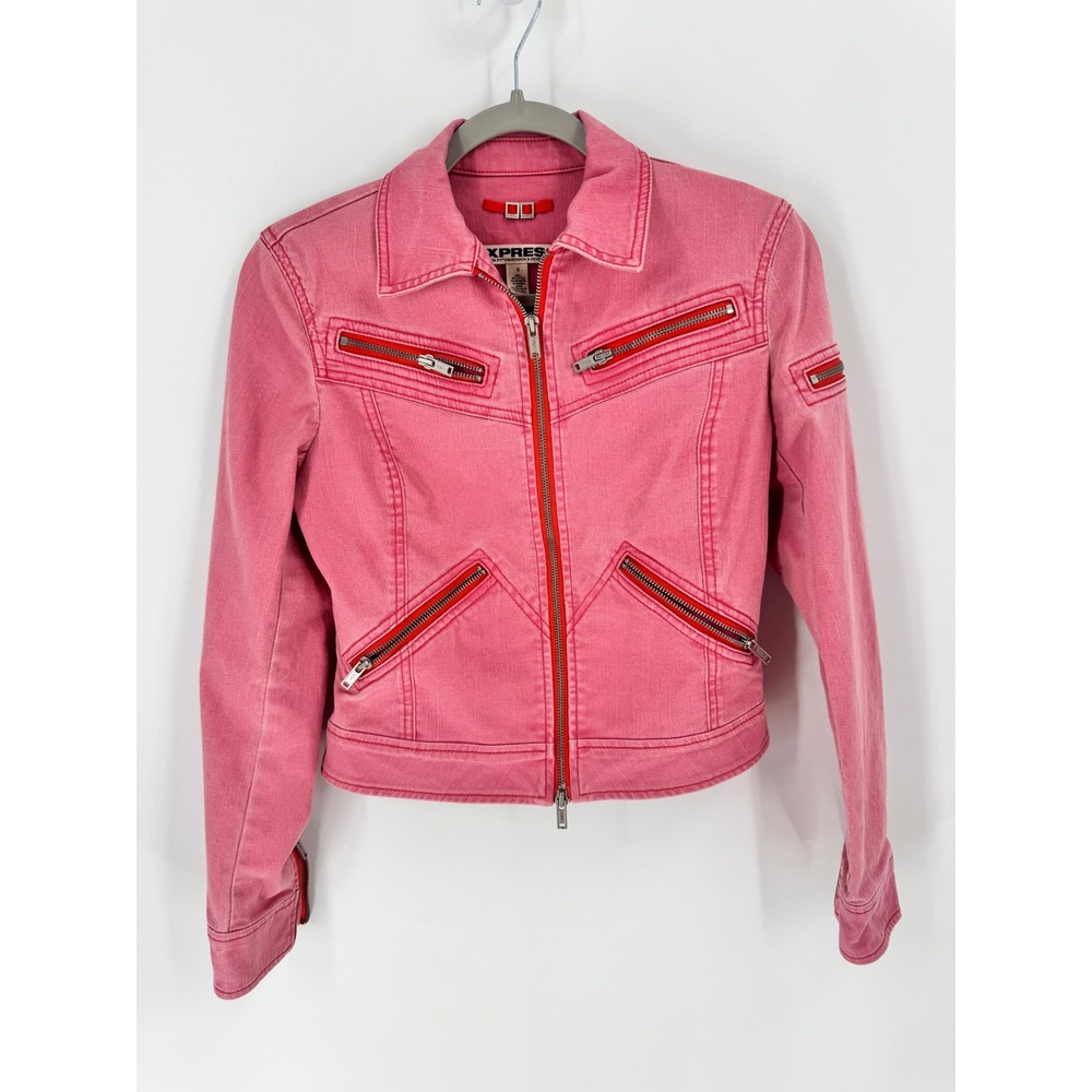 Express Denim Moto Jacket Women Size S Pink Y2K Vintage Zip Up Cropped